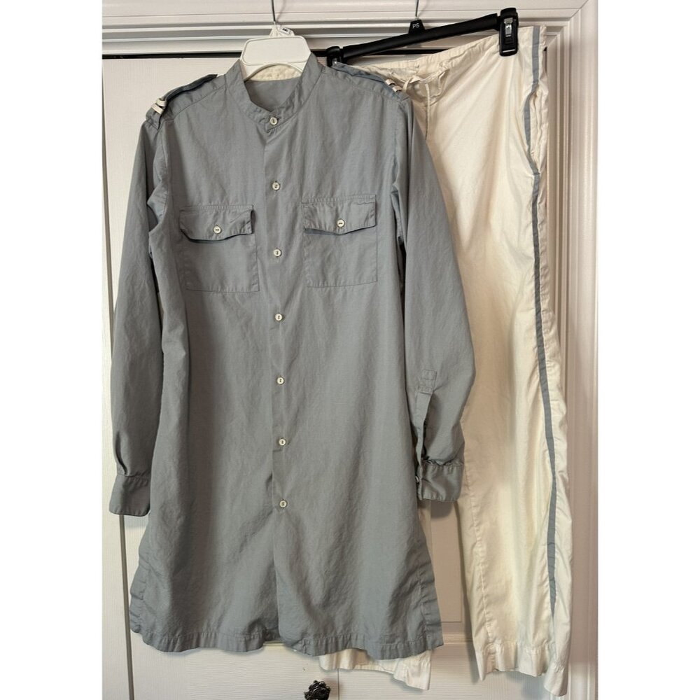 1960s Nehru tunic shirt blue low rise flair pants set hippie guru unisex beatnik